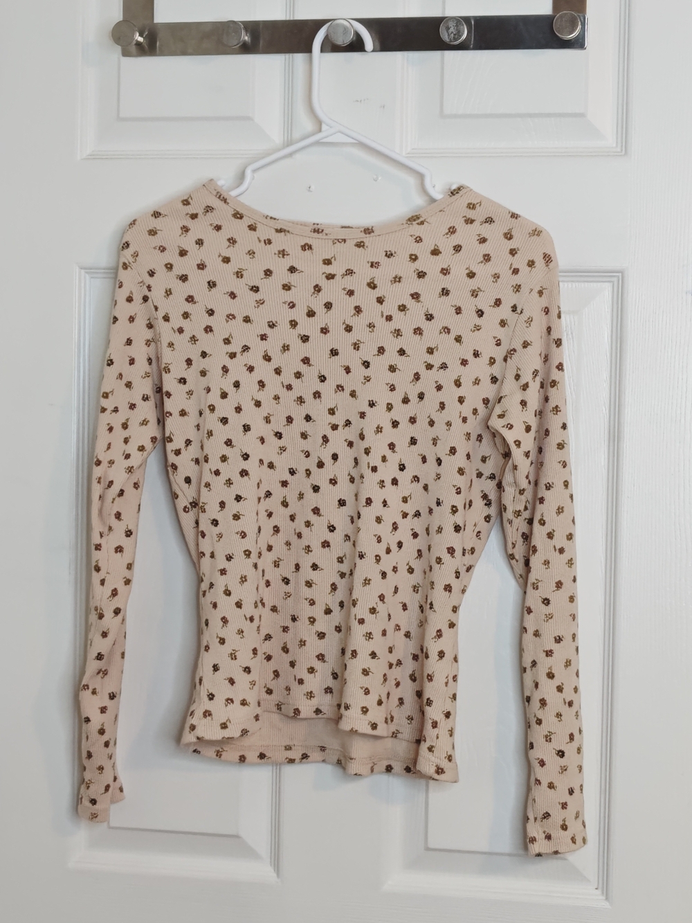 Beige Cream Ditsy Brown Floral Rib-Knit Crew Neck Cotton Long Sleeve Top Size S